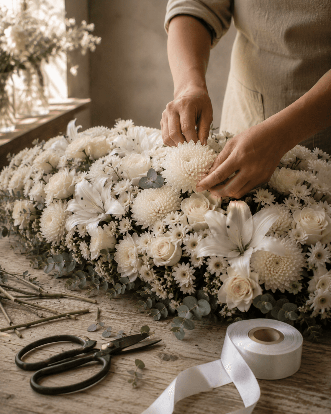 Coroa de flores sendo montada por uma florista