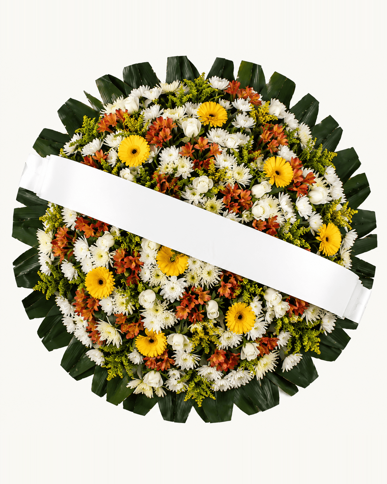 Coroa de Flores Branca, Amarela e Salmão de Gérberas e Astromélias, tamanho Pequena