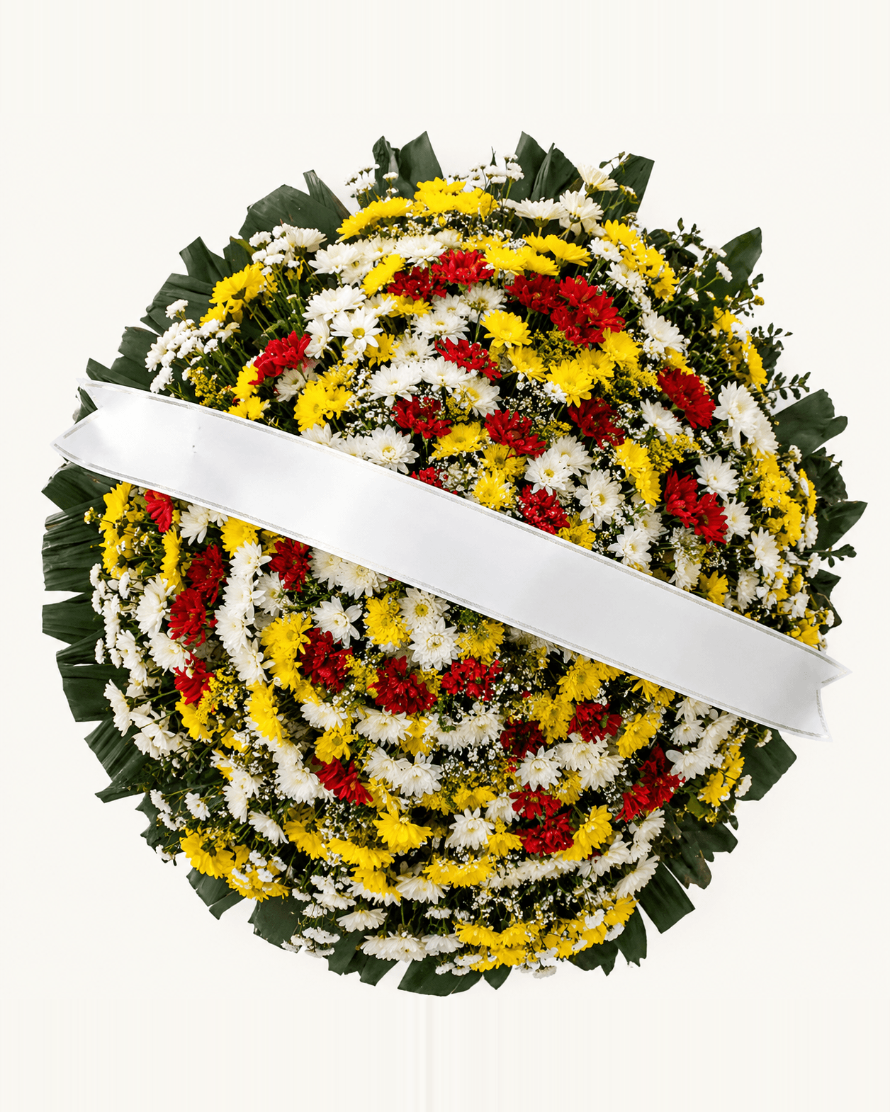 Coroa de Flores Branca, Amarela e Vermelha de Crisântemos Sheena, tamanho Pequena