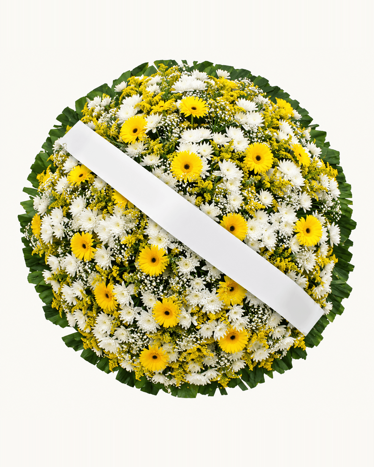 Coroa de Flores Branca e Amarela de Gérberas e Crisântemos, tamanho Pequena