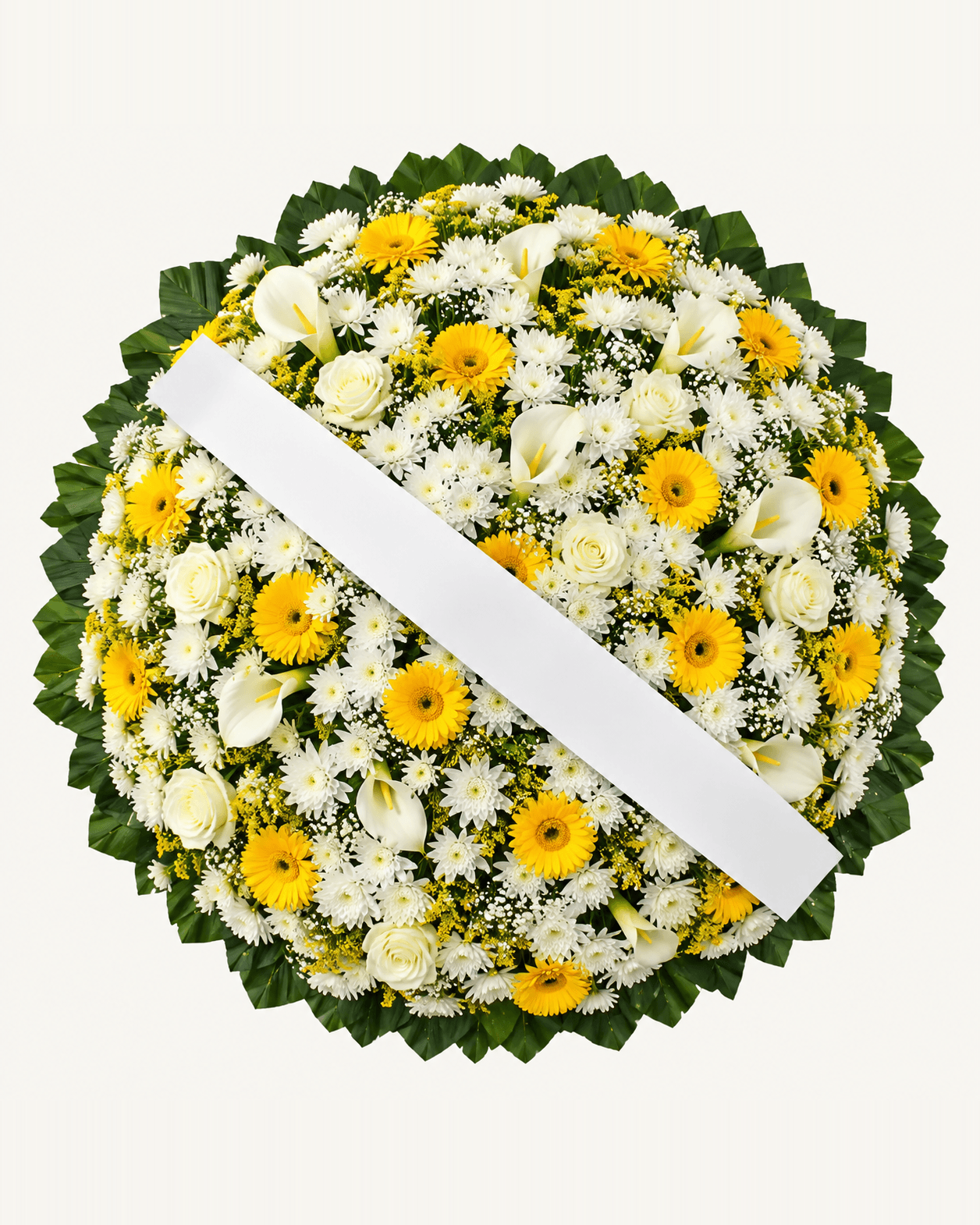 Coroa de Flores Branca e Amarela de Lírios, Copos de Leite e Gérberas, tamanho Pequena