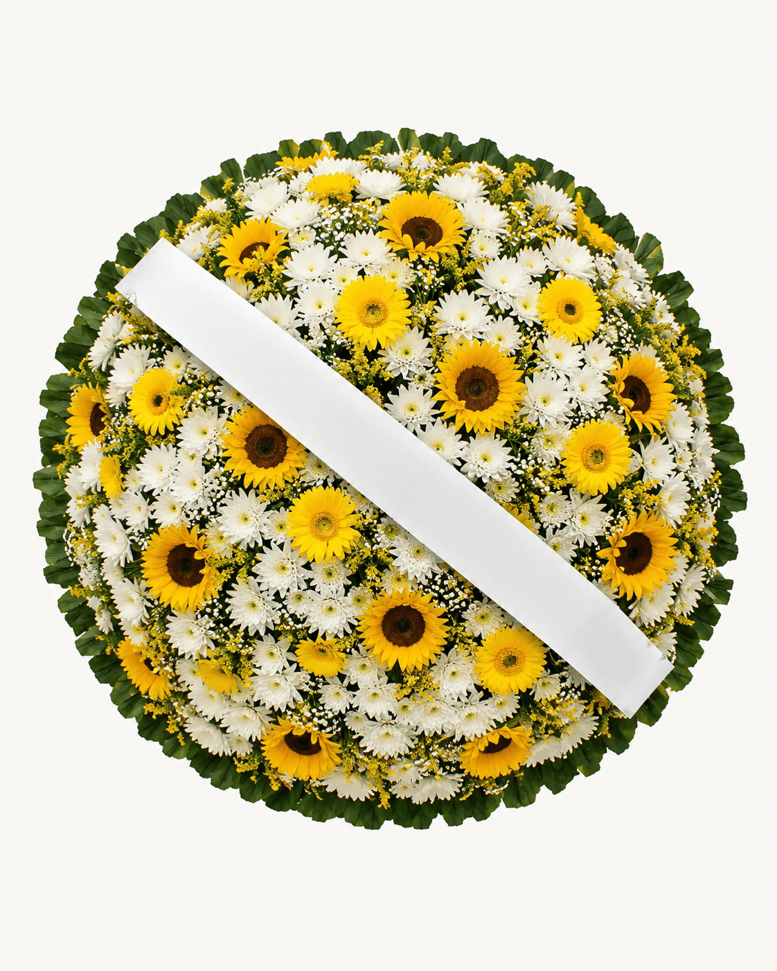 Coroa de Flores de Girassóis e Crisântemos Brancos, tamanho Pequena