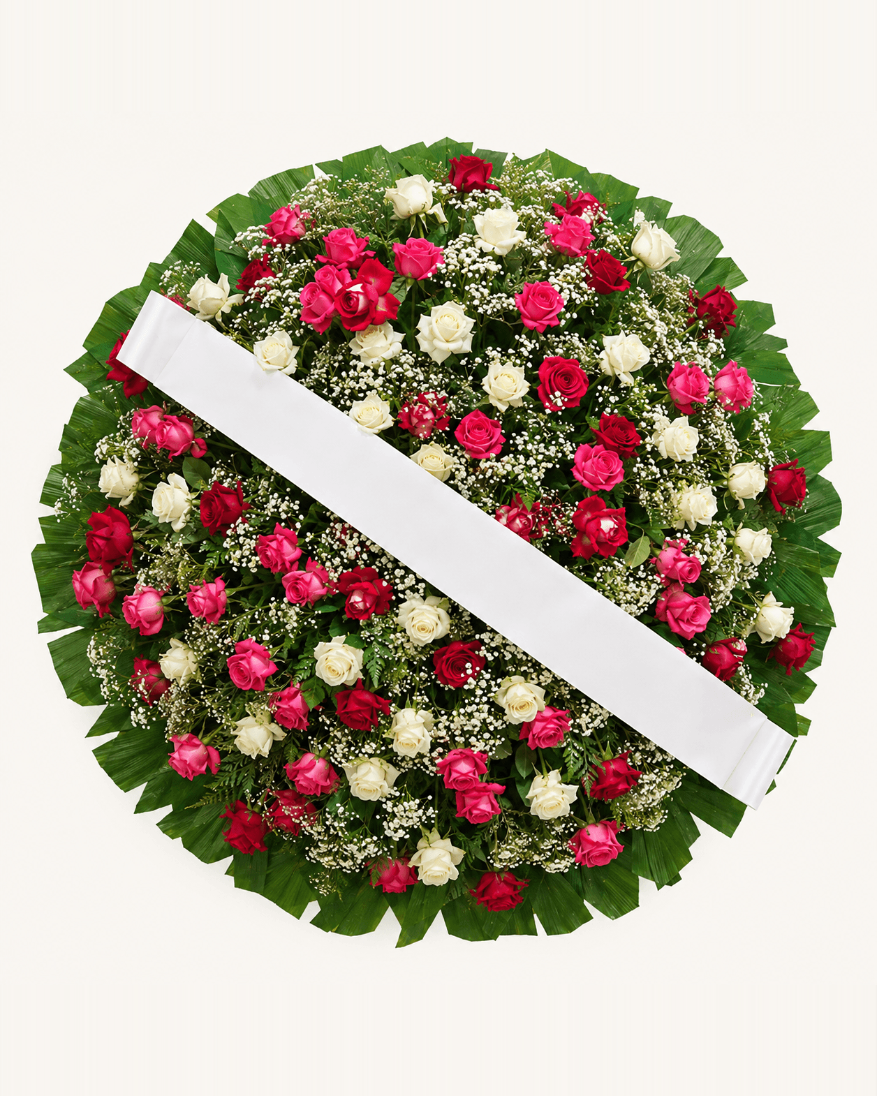 Coroa de Flores de Rosas Vermelhas, Brancas e Cor-de-Rosa