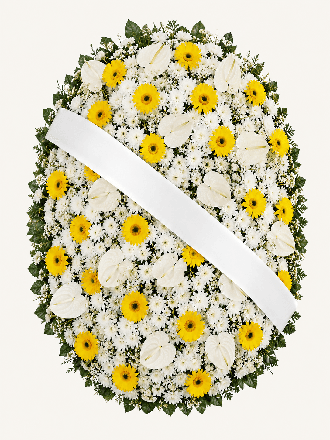 Coroa de Flores Grande Branca e Amarela de Gérberas e Antúrios