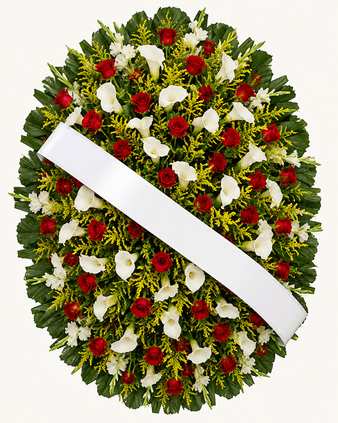 Coroa de Flores Grande Vermelha e Branca de Rosas e Copos de Leite