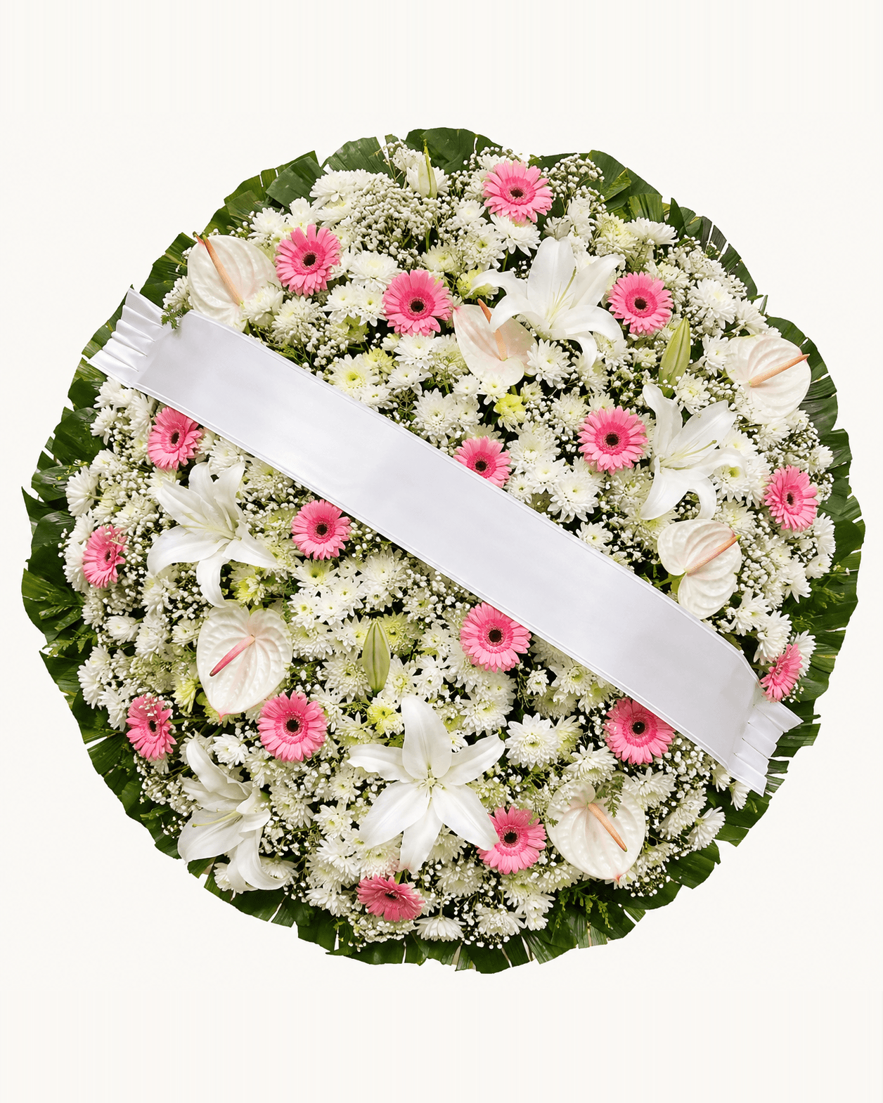 Coroa de Flores Rosa e Branca de Gérberas, Lírios e Antúrios, tamanho Pequena