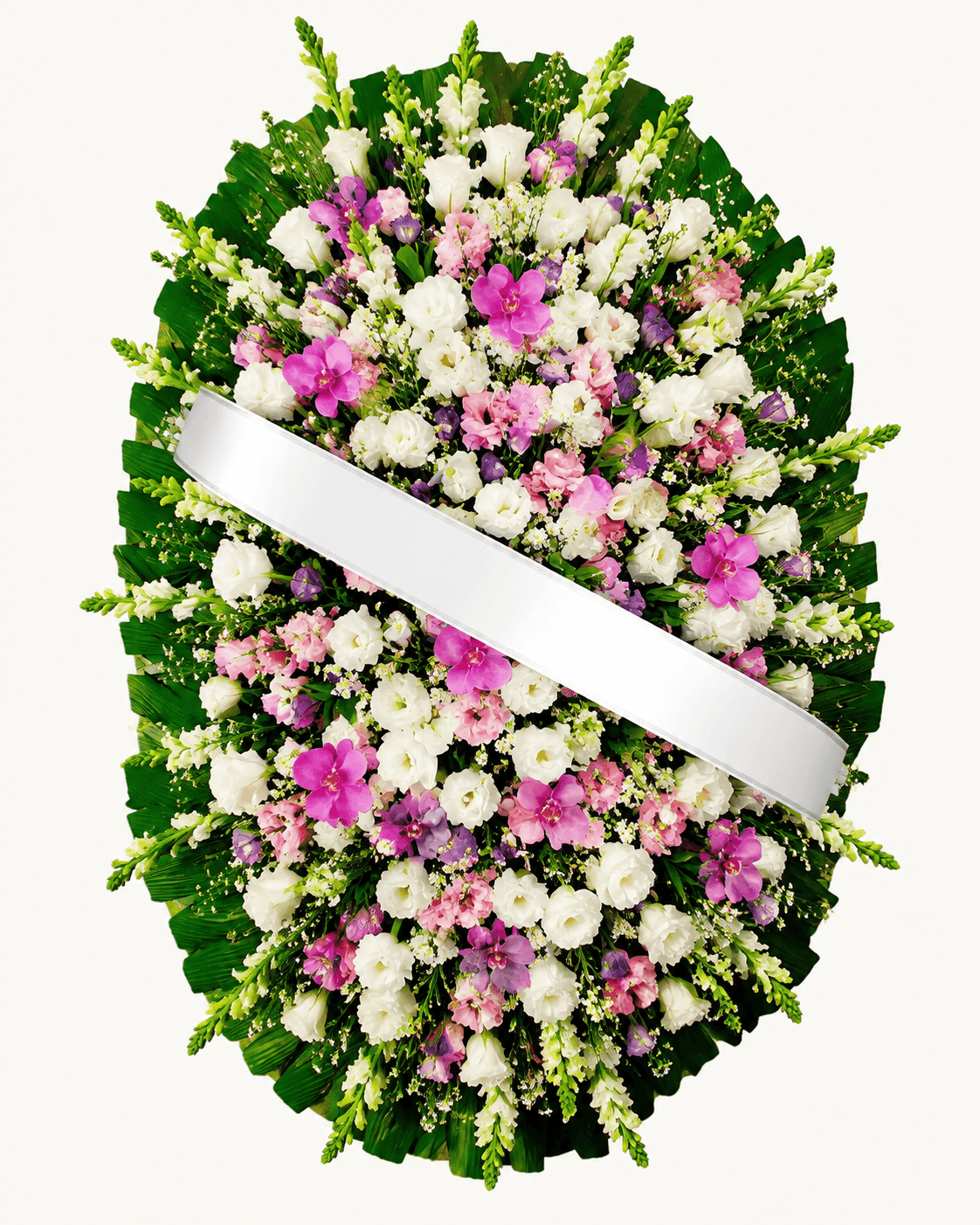 Coroa de Flores Suprema Rosa e Branca de Orquídeas e Lisianthus